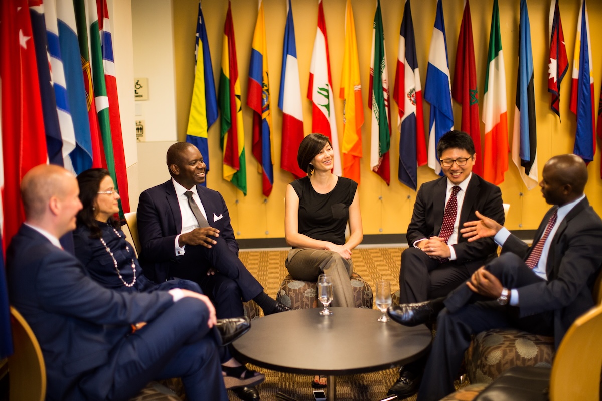 Students interacting with each other during break for Fletcher's Global Master's of Arts Program